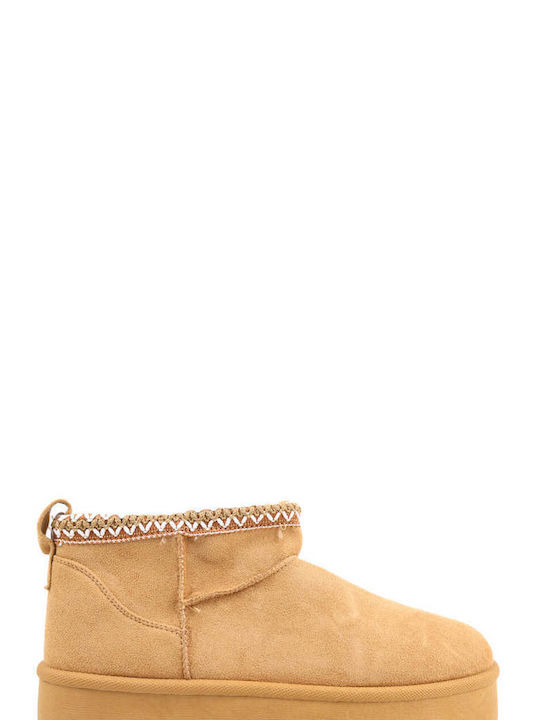 Tan Flat Fur-Lined Boho Stitching Ankle Boots