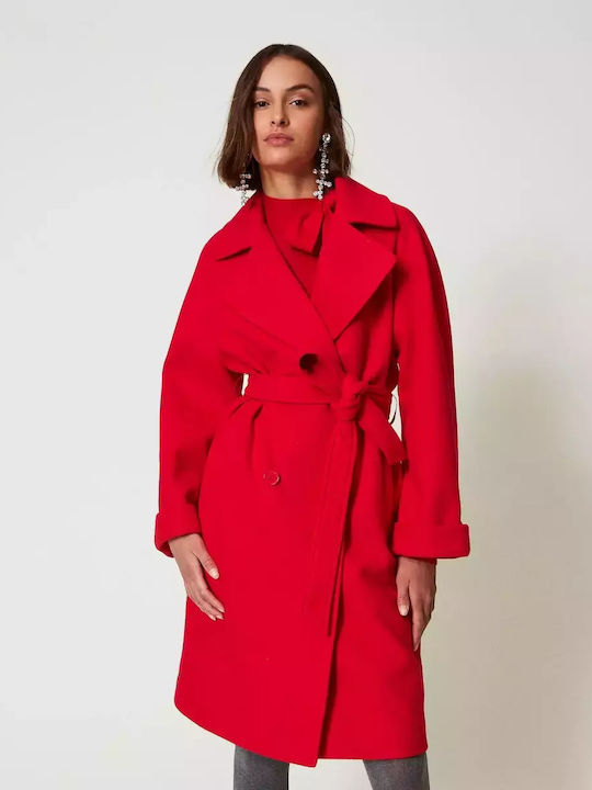 Γυναικείο Fiery Red Παλτό με Ζώνη