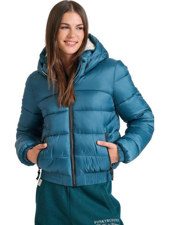 Women's Short Puffer Jacket for Winter with Hood Green