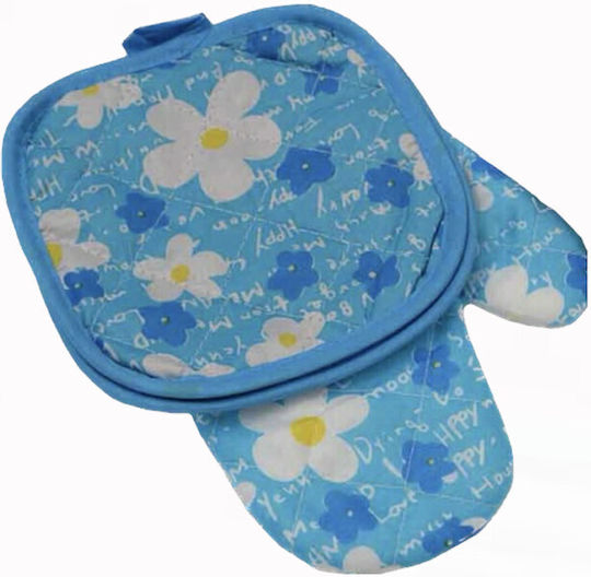 Sidirela Gänseblümchen Ofenhandschuh und Topflappen-Set Stoff in Blau Farbe 3Stück