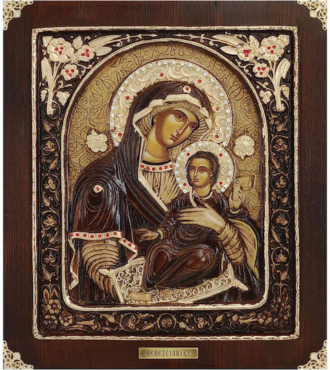 Wooden Icon Venetian Flowers Embossed Gold Leaves + Zircon Stones 32x36.5cm 13-00-412-2