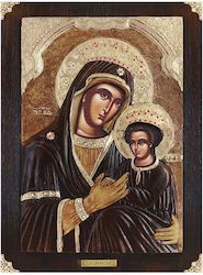 Wooden Icon of the Queen Mother Embossed with Gold Leaves + Zircon Stones 32.5x43.5cm 13-00-416-2