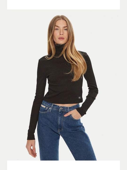 Calvin Klein Women's Blouse Cotton Long Sleeve Turtleneck Black