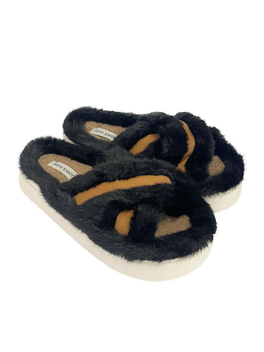 Ustyle Winter Damen Hausschuhe mit Fell Schwarze