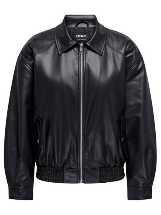 Only Women's Short Biker Artificial Leather Jacket for Winter BLACK