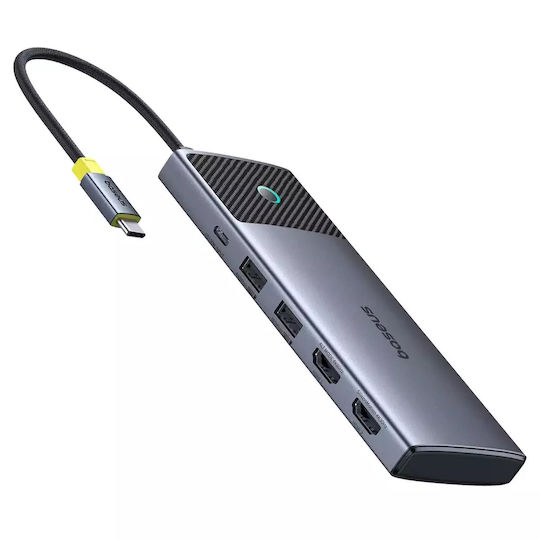 Baseus Metal Gleam Series II 7in1 USB-C Stație de andocare cu HDMI 4K PD Ethernet și conexiune 2 monitoare Argintiu