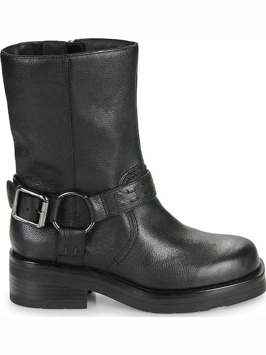 Leather Women's Biker Boots with Medium Heel Black