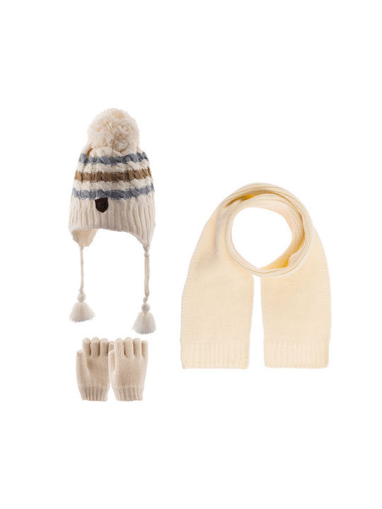 Kids Beanie Set with Scarf & Gloves Knitted Beige