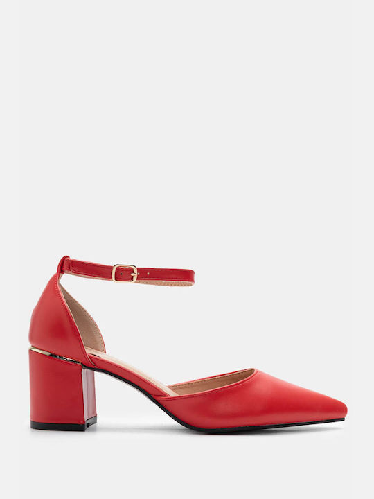 Luigi Synthetic Leather Pointed Toe Red Medium Heels with Strap