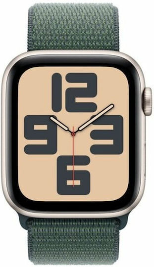 Apple Watch SE 2024 Aluminium 44mm Waterproof with Heart Rate Monitor (Starlight with Lake Green Sport Loop)