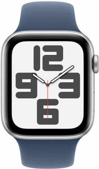 Apple Watch SE 2024 Aluminum 44mm Waterproof with Heart Rate Monitor (Silver with Denim Sport Band - S/M)