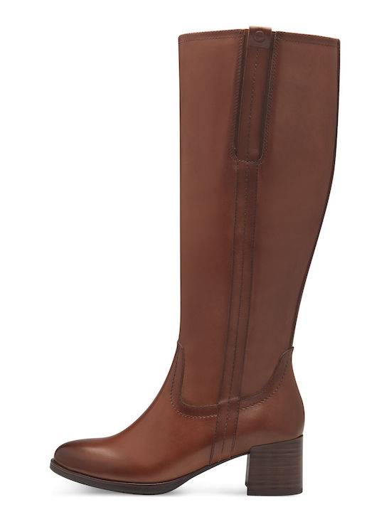Leather Medium Heel Women's Boots with Zipper Tabac Brown