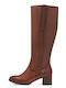 Leather Medium Heel Women's Boots with Zipper Tabac Brown