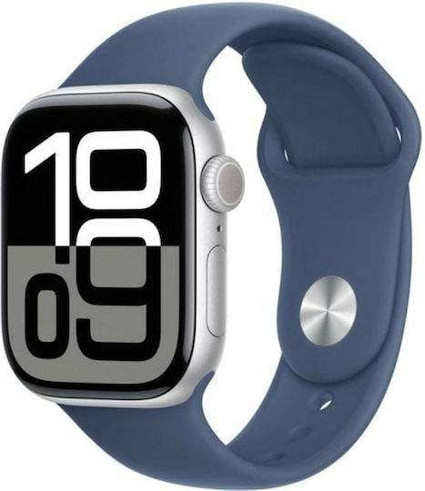Apple Watch Series 10 Aluminium 42mm Αδιάβροχο με Παλμογράφο (Silver με Denim Sport Band - S/M)