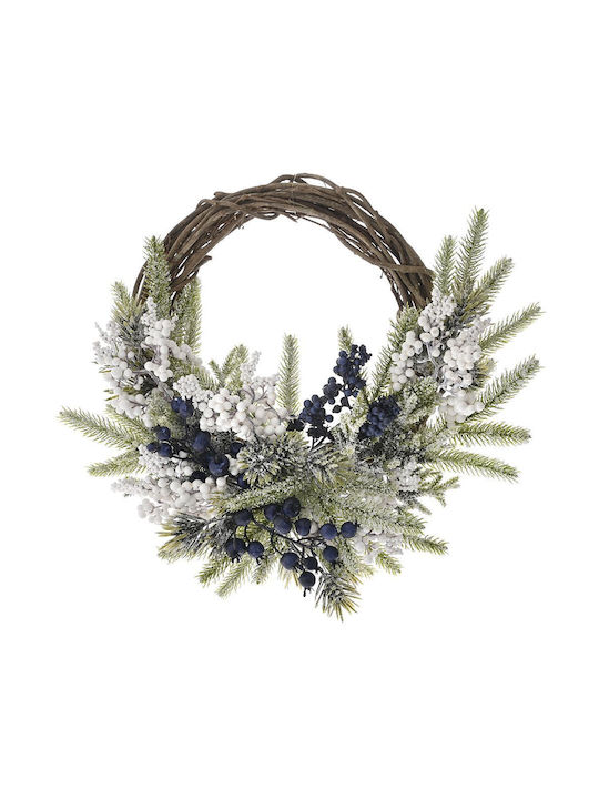 Schneebedeckter Weidenkranz mit blauen und weißen Beeren 45cm