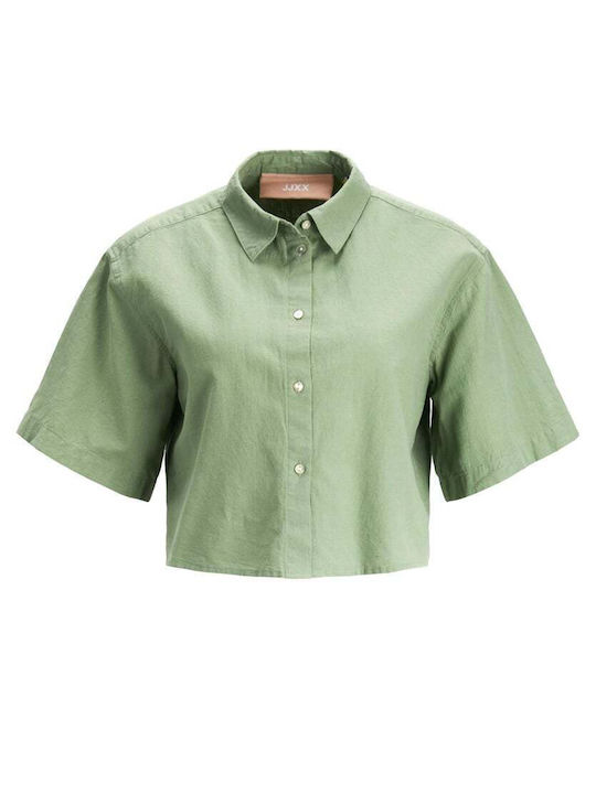 Jack & Jones Women's Linen Short Sleeve Shirt Green