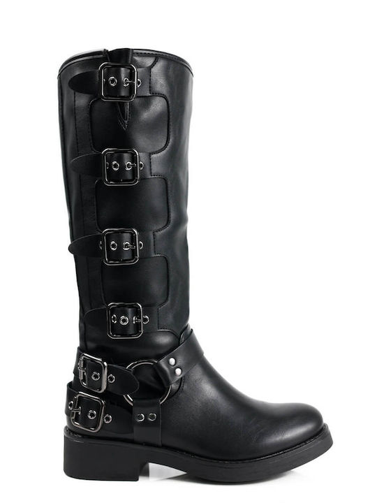 Black Combat Boots with Triple Buckle and Side Zipper