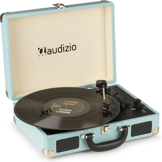 Audizio 102.040 Винтидж Грамофон Куфарче със Задвижване с Ремък, Предусилвател и Вградени Говорители Светлосин