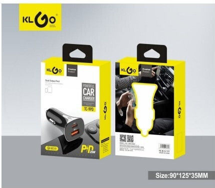 KLGO Car Charger with Fast Charging Ports 1xUSB-A 1xType-C with Type-C Cable