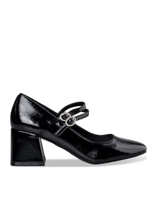 Synthetic Leather Black Heels with Strap