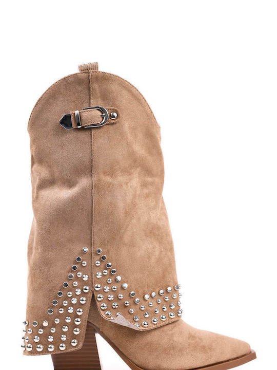 Dark Beige Western Boots with Metallic Details