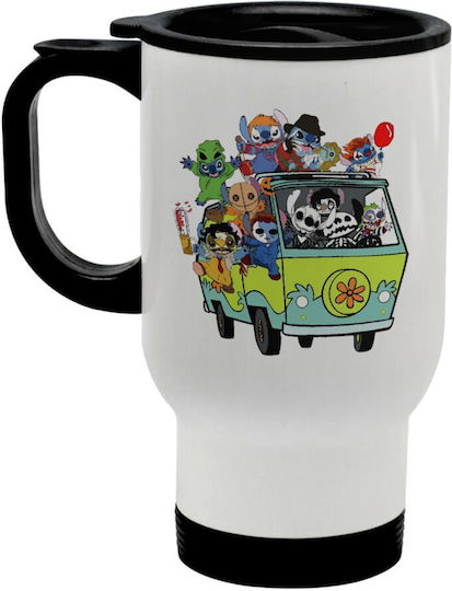 Koupakoupa Stitch Halloween Stainless Steel Thermos Bottle 450ml White with Handle and Straw