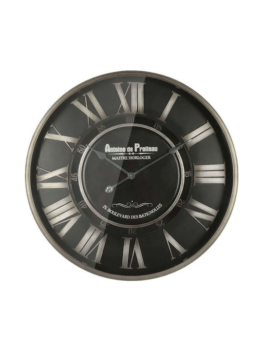 Wall Clock Gray Black Metallic Round Glass and Latin Numerals Diameter 69x7.5cm 2/box 15-94279