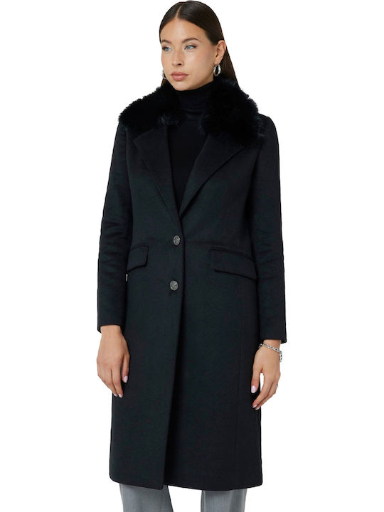 Women's Black Coat with Fur Details