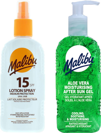 Malibu Spf15 Waterproof Spray 200ml + Aloe After Sun Gel 200ml