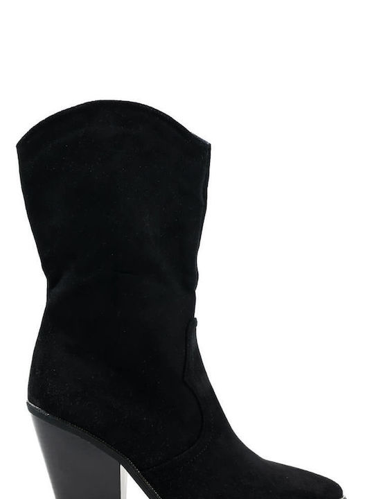 Black Western Suede Ankle Boots with Wooden Heel