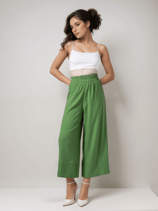 Women's High-waisted Fabric Trousers with Elastic Green