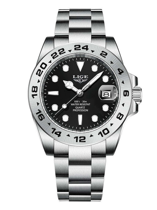 Lige Men's Watch 43mm Battery with Silver Metal Bracelet