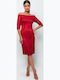 Midi Evening Dress with Lace Red