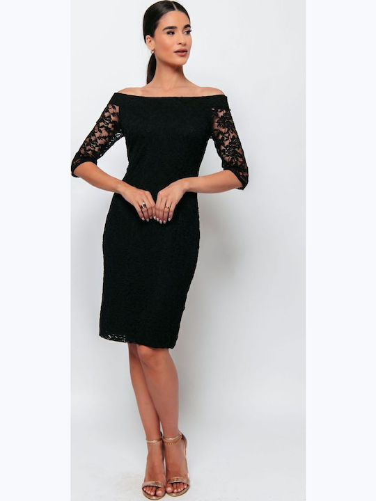 Mini Evening Dress with Lace Black