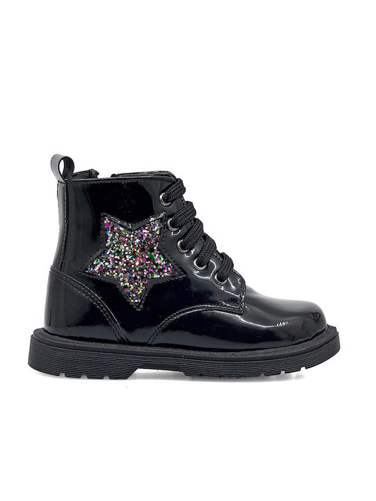 Ricco Mondo Kids Patent Leather Military Boots Black