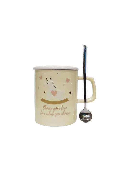 Ceramic Mug "Unicorn" Pastel Yellow Inox Lid Original Spoon 480ml Etoile Pt-510d