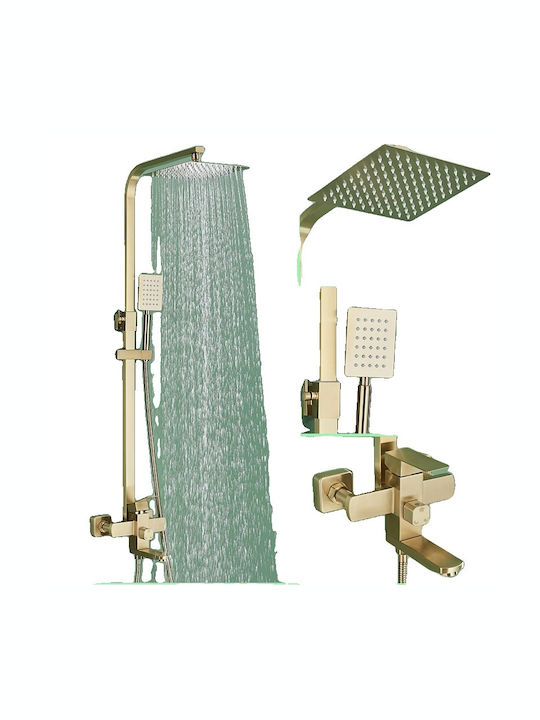 Shower Faucet Set Brushed Brass Finish Contemporary Design Matte Gold