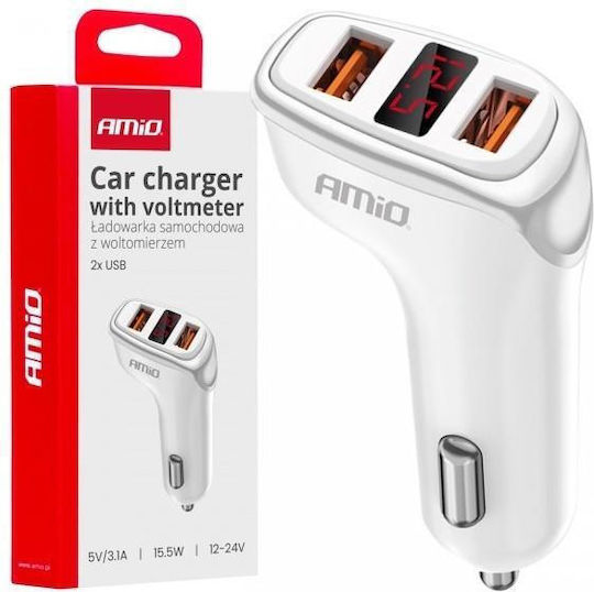 AMiO Car Charger 15.5W 3.1A with Ports: 2xUSB with Cable Embedded and Voltmeter White Color