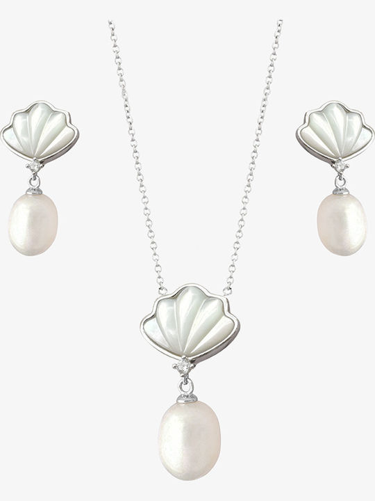 Set with Necklace & Earrings from Silver with Stones and Pearls