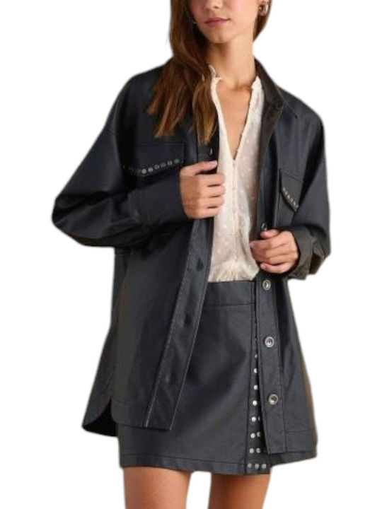 Attrattivo Women's Leather Long Overshirt with Buttons Black