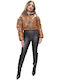 Women's Short Puffer Artificial Leather Jacket for Winter Brown