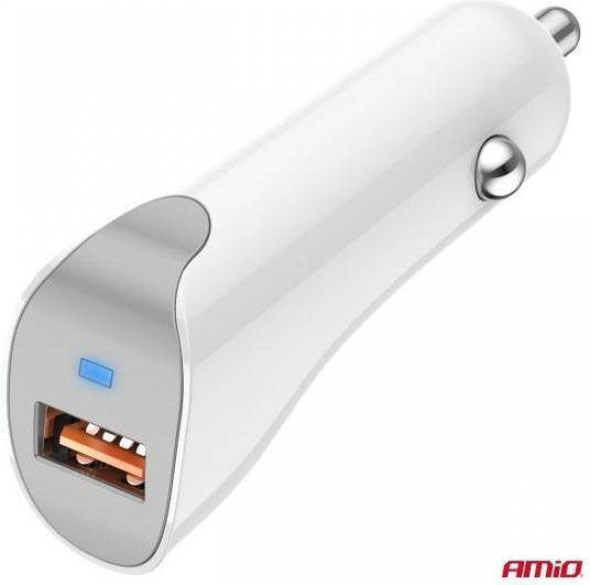 AMiO Car Charger 10.5W 1A with one Port: 1xUSB with Cable Embedded White Color