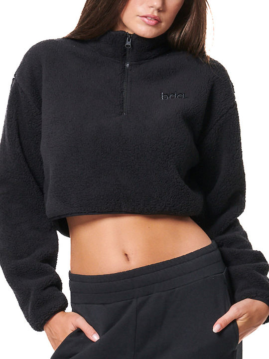 Дамски Crop Топ Sherpa Дълъг Ръкав с Цип Черен