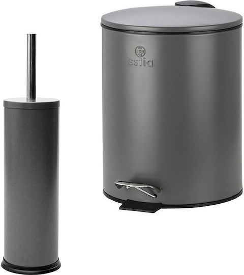 Estia Classic Metallic Bathroom Brush and Trash Can Set Soft Close 5l Gray