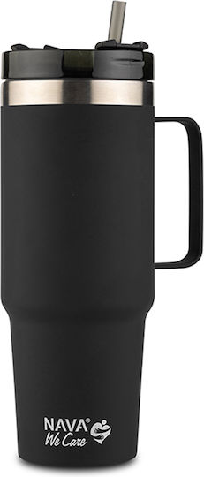 Nava Ποτήρι Θερμός Ανοξείδωτο / Πλαστικό 900ml Μαύρο με Καλαμάκι