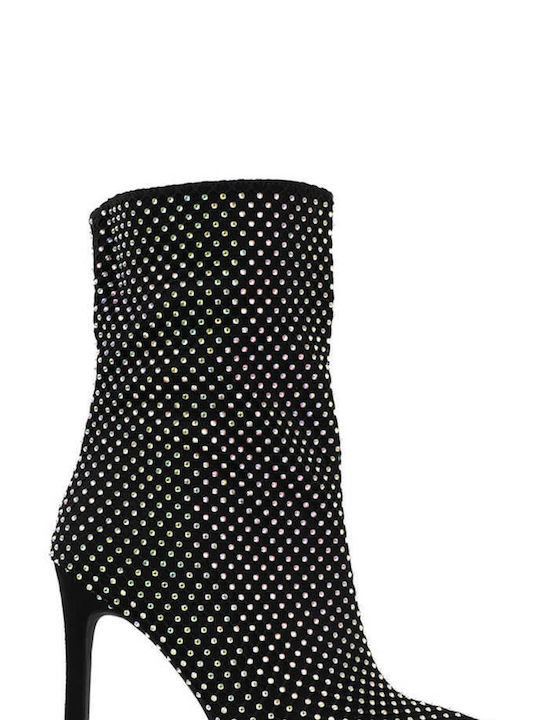 Black High Ankle Boots Embellished with Rhinestones