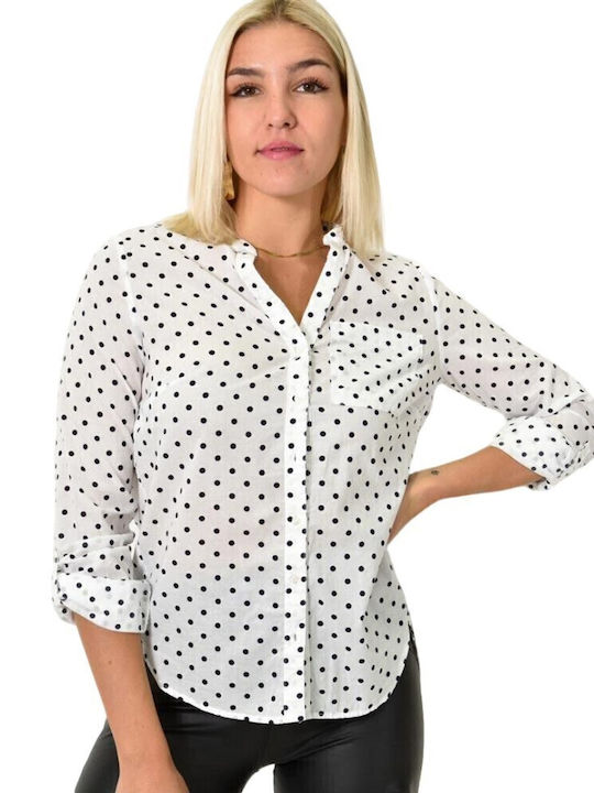 Langärmelig Damen Hemd White Polka Dot