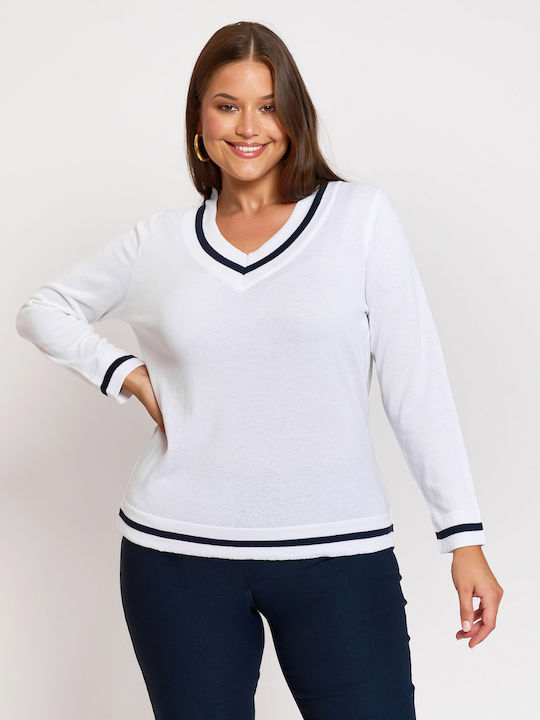 Women's Long Sleeve Sweater Cotton with V Neckline White