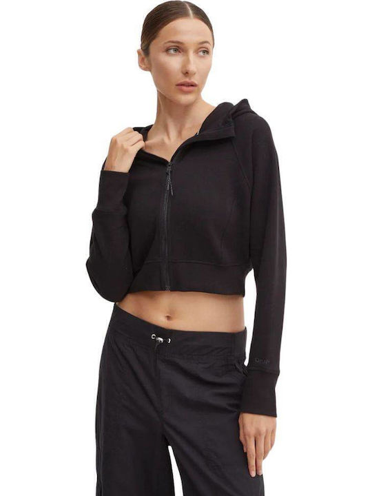 Cropped Γυναικεία Ζακέτα Φούτερ με Κουκούλα Black