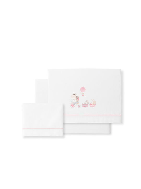 Interbaby Baby Sheets Set Crib Cotton Fitted White/Pink White 115x175cm 3pcs